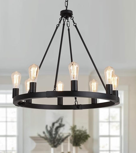 Large Farmhouse Wagon Wheel Chandelier,Black Industrial Round 12 Lights Dining Room
