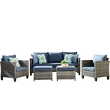 5 Pieces Outdoor Wicker Rattan Sofa Couch with Ottomans and Comfy