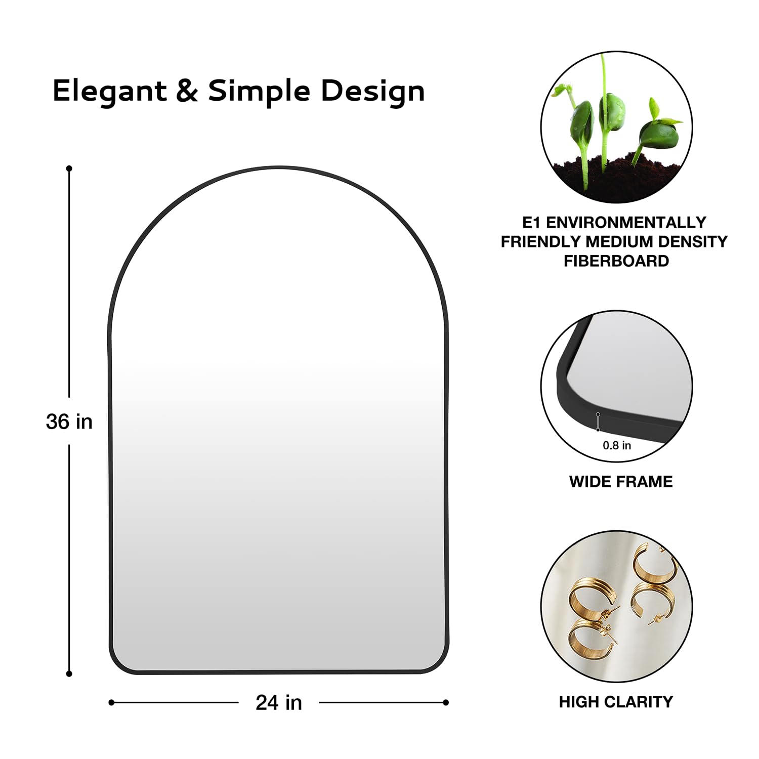 Black Mirror 24"x36" Arched Mirror Black Vanity Wall Mirror, Wall Mounted Mirror