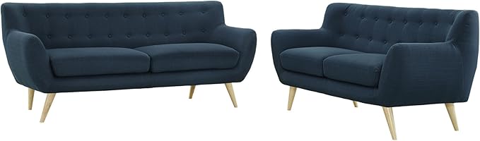 Remark Mid-Century Modern Upholstered Fabric Living Room Set, Loveseat and Sofa