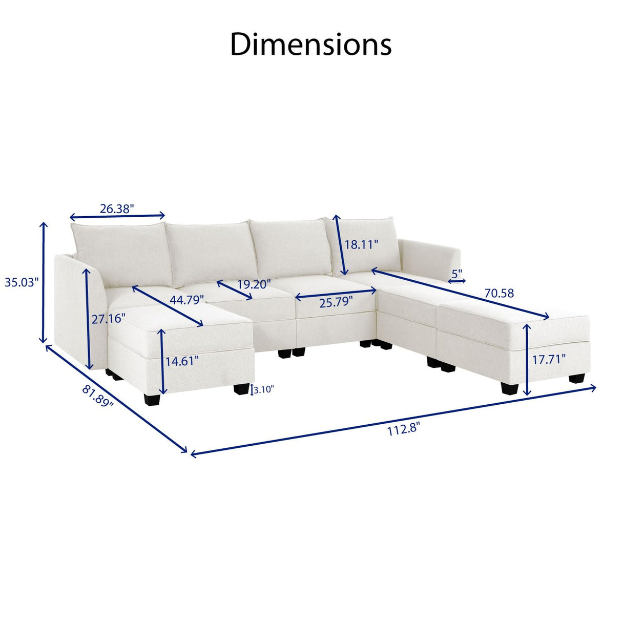 Elizabeth Modular Sectional Sofa Linen U Shaped Couch with Ottomans Convertible Sectional Couch 7-Seater Sofa with Storage Seat, L- Shaped Sectional Sofa - White Down