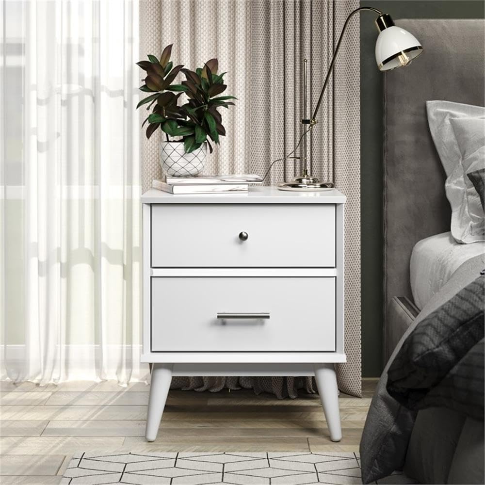 Mid-Century Two Drawer Nightstand/Constructed of Solid Wood/White Finish