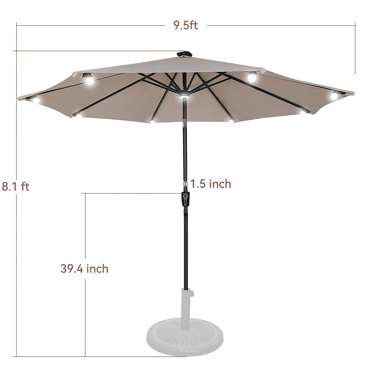 9.5‘ Outdoor Patio Umbrella, Solar LED Bulb Lighted Patio Umbrella with 8 Ribs