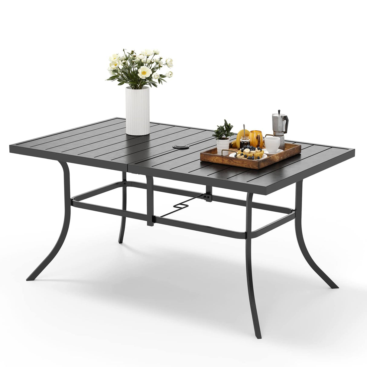 Outdoor Metal Steel Slat Dining Rectangle Table with Adjustable Umbrella Hole