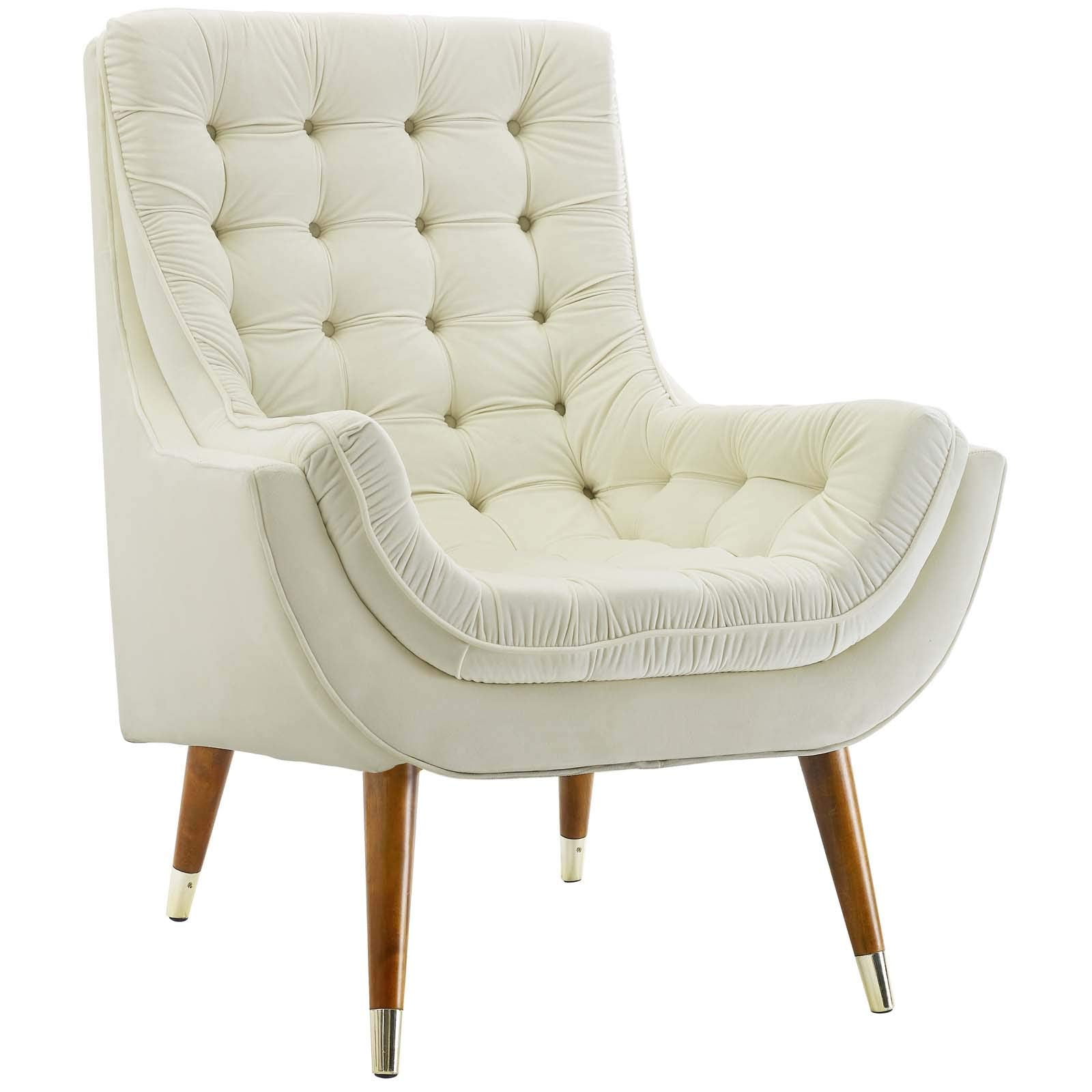 Suggest Button Tufted Upholstered Velvet Lounge Chair, Ivory