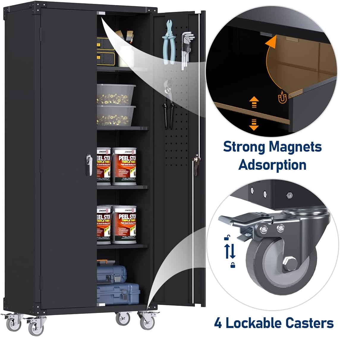 GangMei Garage Storage Cabinet with Wheels & Pegboard, 72" H Locking Metal Storage Cabinet with Doors and 4 Adjustable Shelves for Garage Workshop Home, Assembly Required, Black