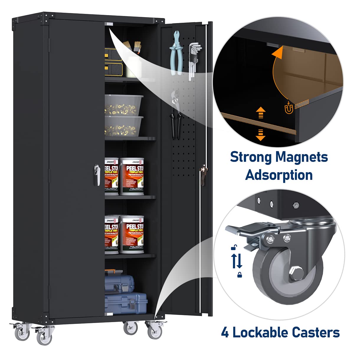 GangMei Garage Storage Cabinet with Wheels & Pegboard, 72" H Locking Metal Storage Cabinet with Doors and 4 Adjustable Shelves for Garage Workshop Home, Assembly Required, Black