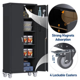 GangMei Garage Storage Cabinet with Wheels & Pegboard, 72" H Locking Metal Storage Cabinet with Doors and 4 Adjustable Shelves for Garage Workshop Home, Assembly Required, Black