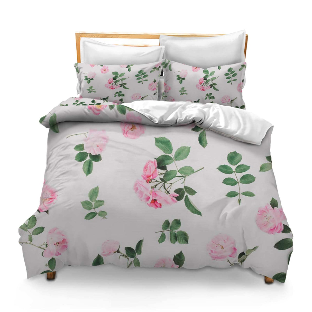Printed Comforter Cover Set King Floral Pattern of Pink Flowers and Eucalyptus Branches