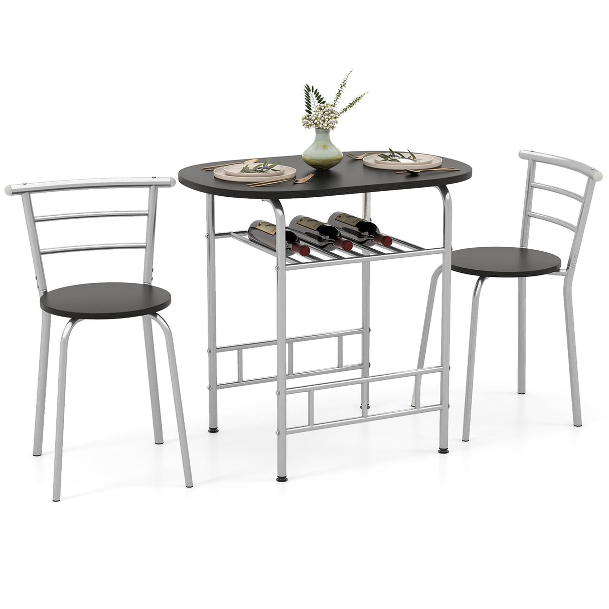 3-Piece Dining Table Set, Kitchen Table and 2 Chairs with Wine Rack, Metal Frame