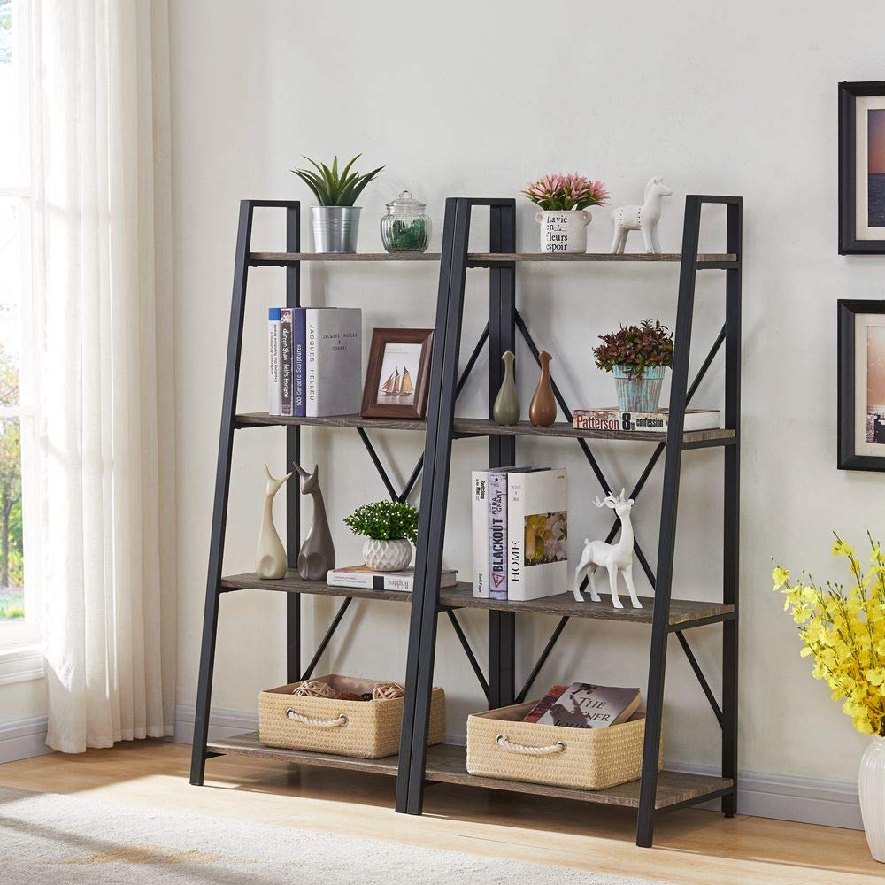 Rustic Ladder Bookshelf, 4 Tier Industrial Ladder Shelf Bookcase, Standing Leaning Book