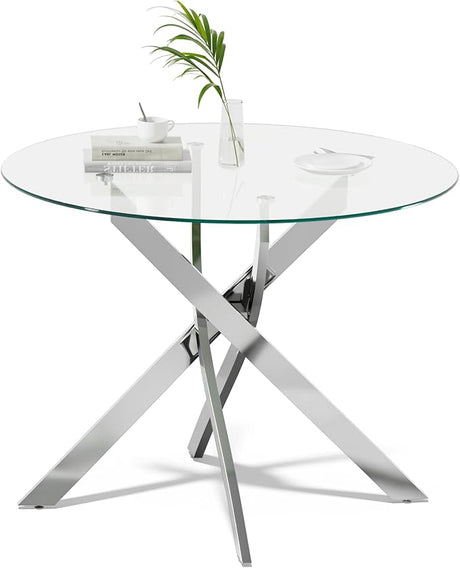 Glass Dining Table,Round Kitchen Table with Chromed Legs,35.3" Small Dining Table for Apartment