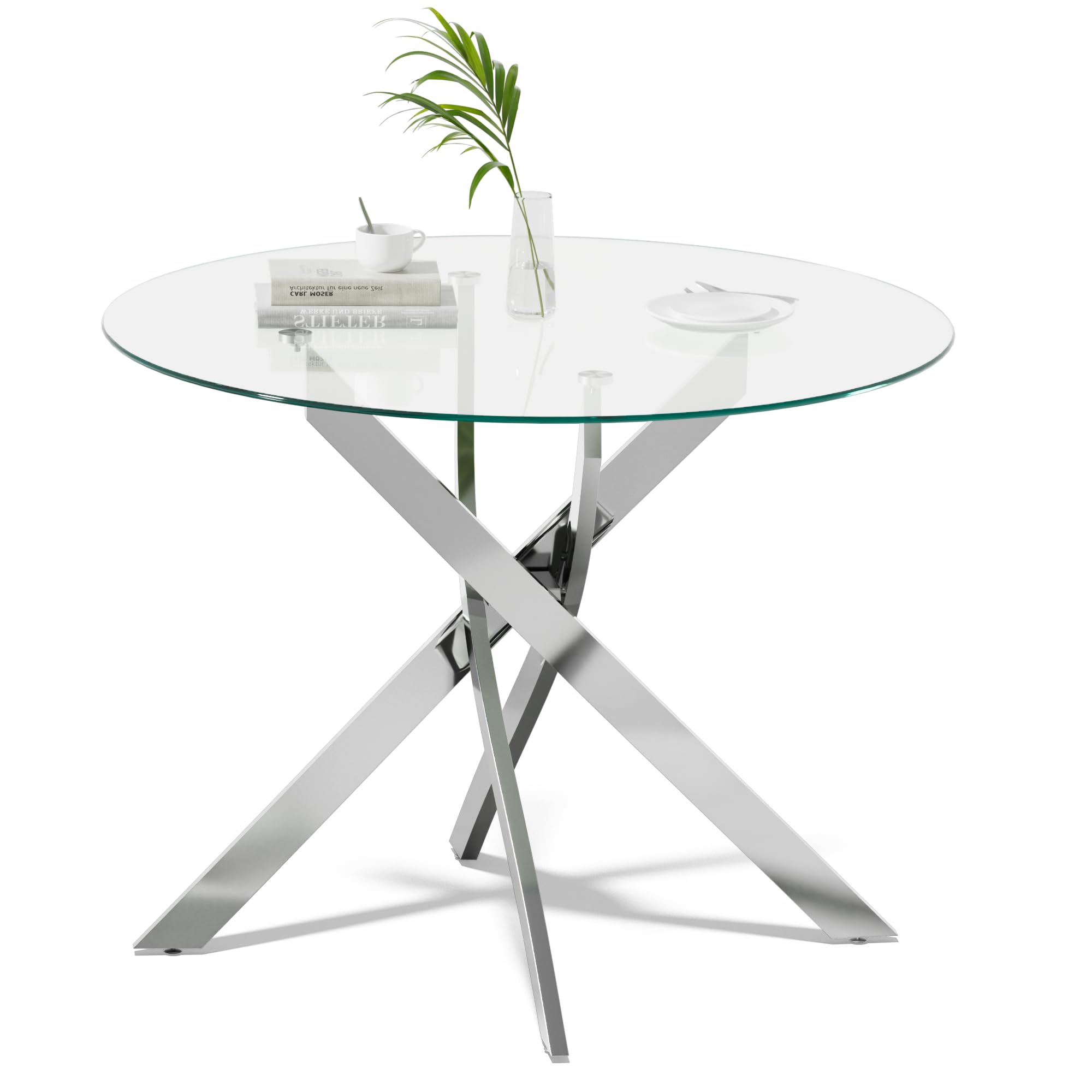 Glass Dining Table,Round Kitchen Table with Chromed Legs,35.3" Small Dining Table for Apartment