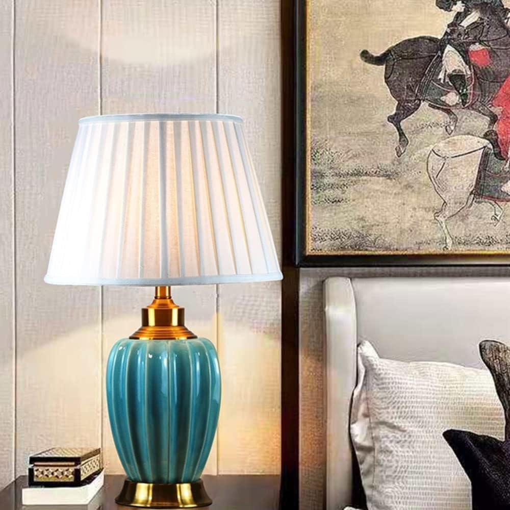 Chinese Style Cracked Ceramic Table Lamp Pleated Fabric Drum Shade Decor Desk Light