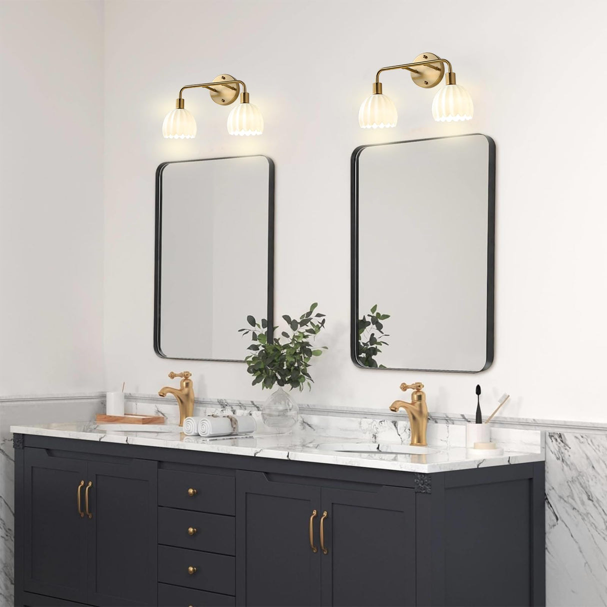 2-Light Gold Brass Bathroom Light Fixture,Wall Sconces,Brushed Gold Vanlity Light