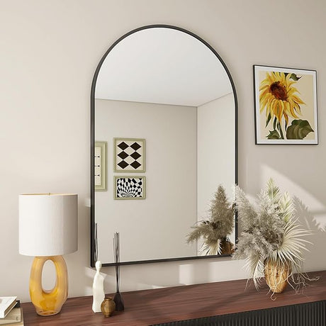 Wall Mounted Mirror, 32"x34" Arch Bathroom Mirror, Black Vanity Wall Mirror