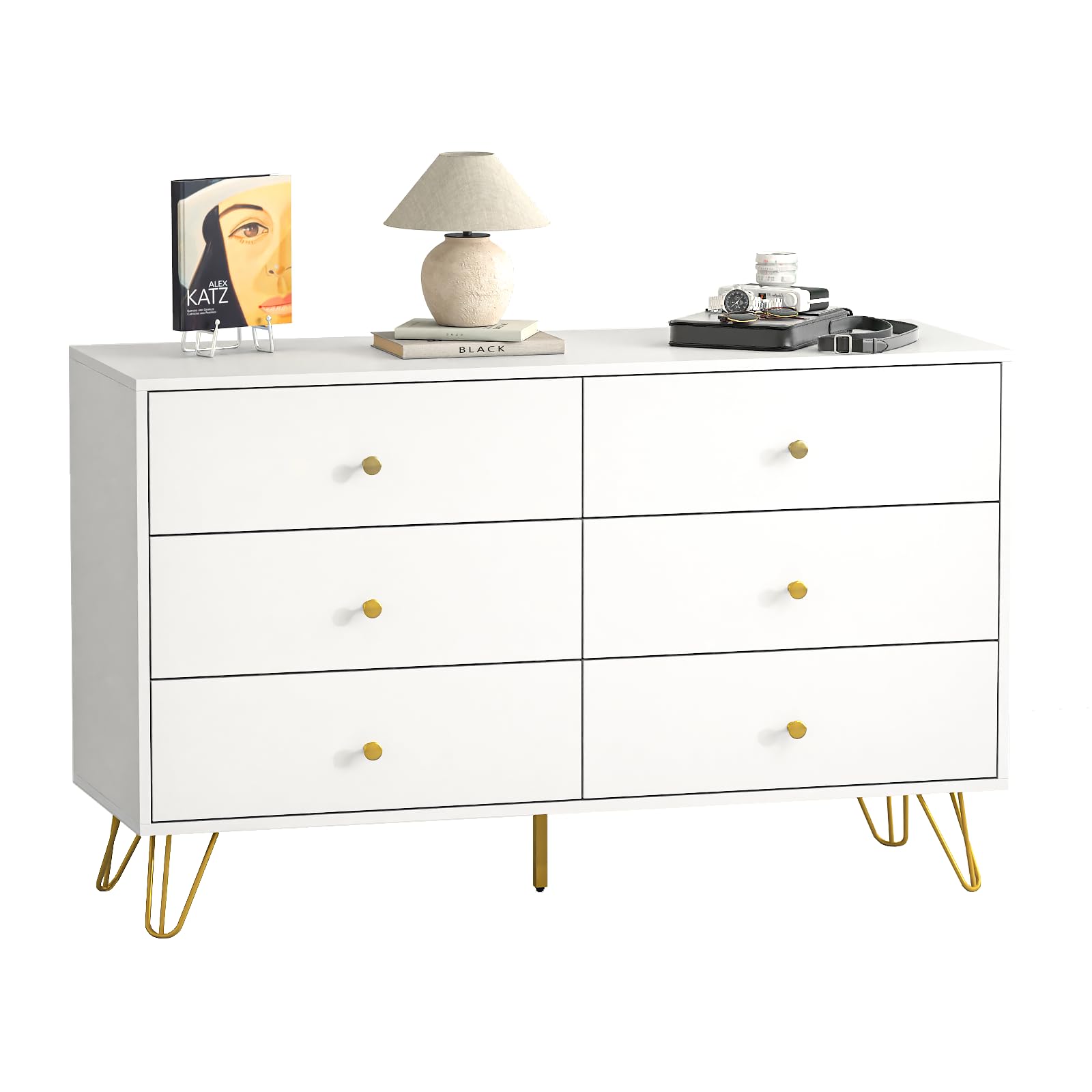 White Dresser for Bedroom, 6 Drawer Dresser with Golden Handles and Golden Legs