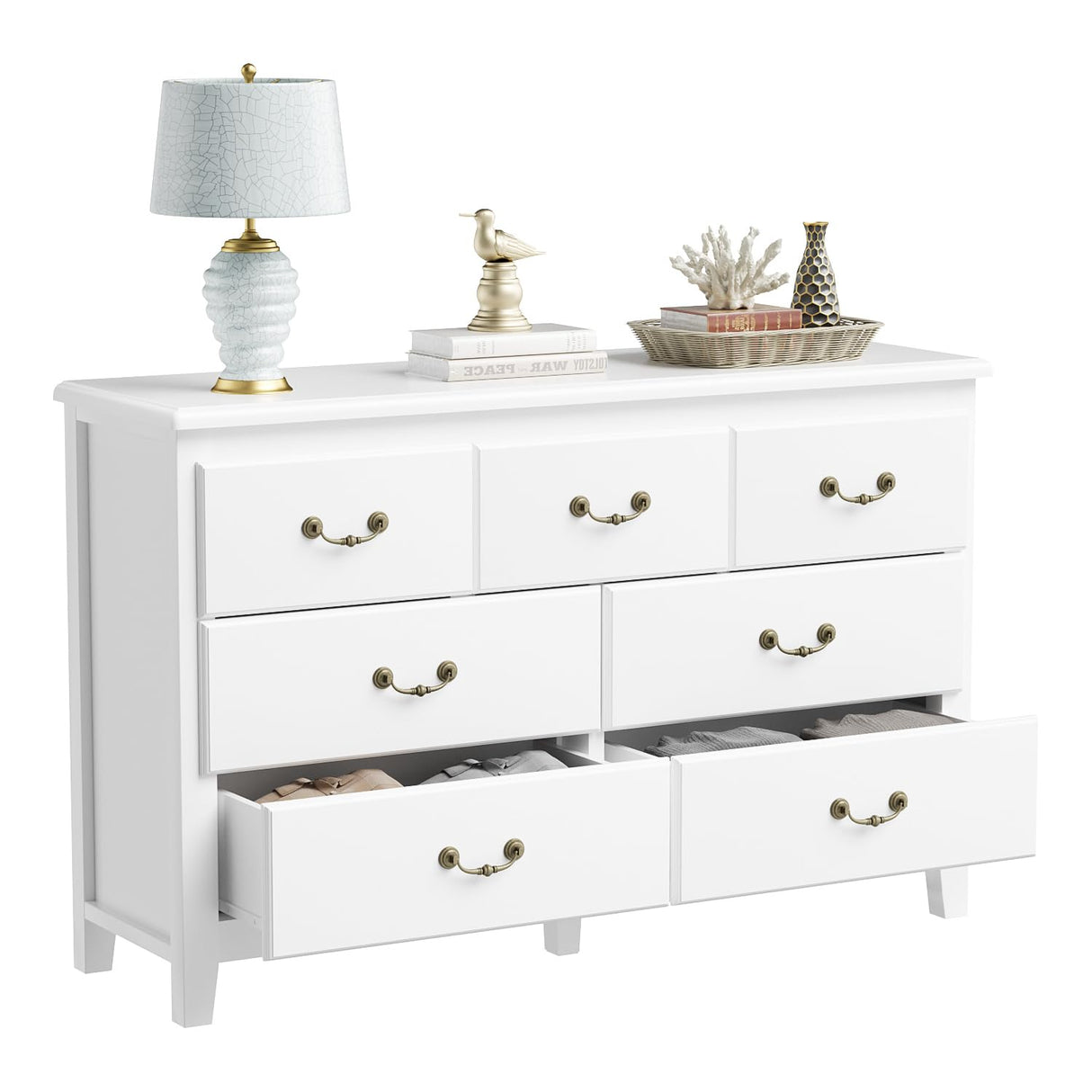 White Dresser for Bedroom, Modern Farmhouse Style 7 Drawer Double Dresser