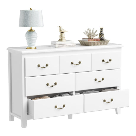 White Dresser for Bedroom, Modern Farmhouse Style 7 Drawer Double Dresser