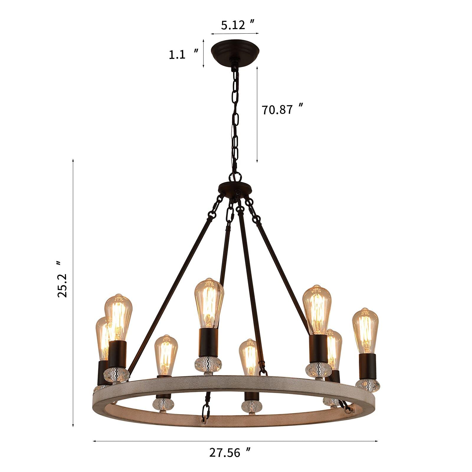 Farmhouse Wagon Wheel Chandelier 8 Light Oak White and ORB Rustic Industrial Metal