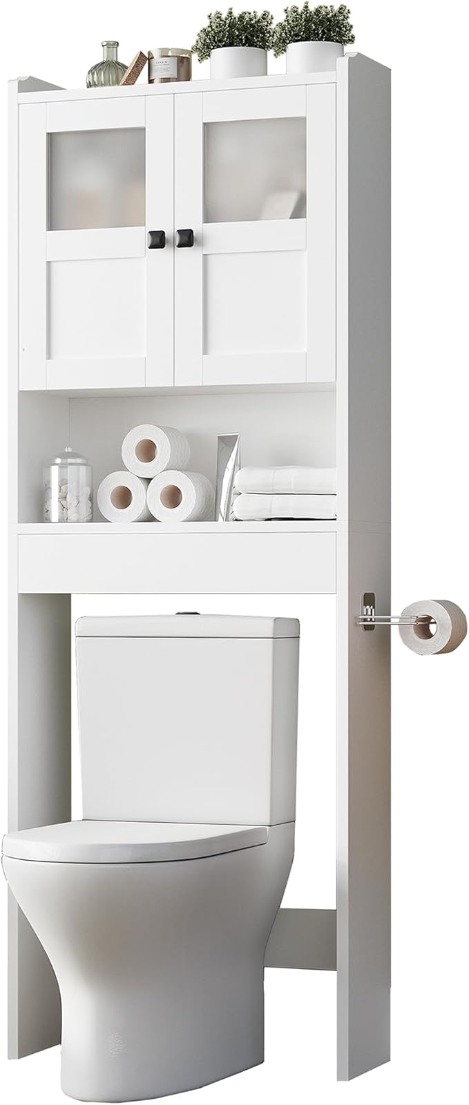 Over The Toilet Storage Cabinet with Double Doors, 4 Tier Bathroom Organizer Rack Space Saver