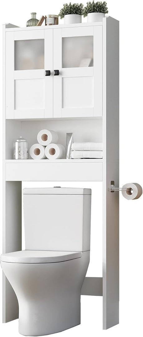 Over The Toilet Storage Cabinet with Double Doors, 4 Tier Bathroom Organizer Rack Space Saver