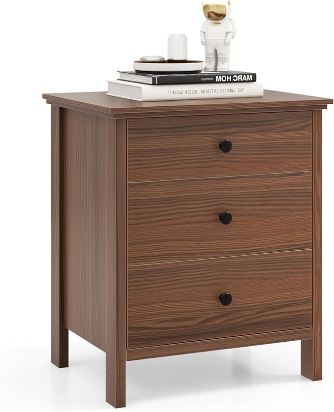 Nightstand with 3 Drawers Set of 2, Wooden Side End Table with Solid Wood Legs