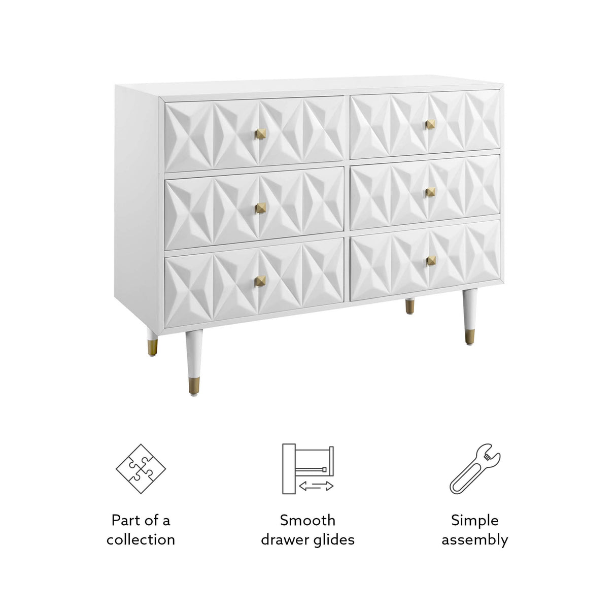 Home Décor Sheerah Six Drawer Geo Texture White Dresser, Gold