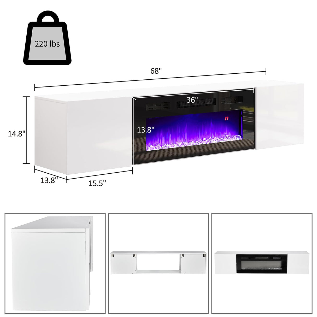 Floating TV Stand with 36" Electric Fireplace, High Gloss Finish Wall Mounted