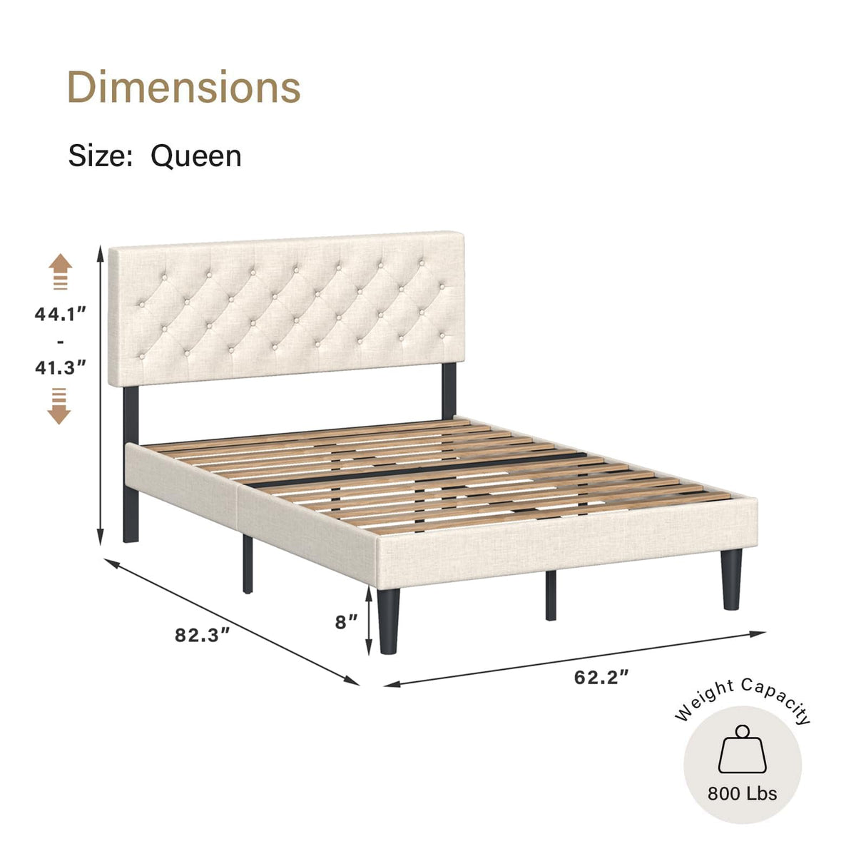 Upholstered Bed Frame Queen, Linen Platform Bed with Button Tufted Headboard