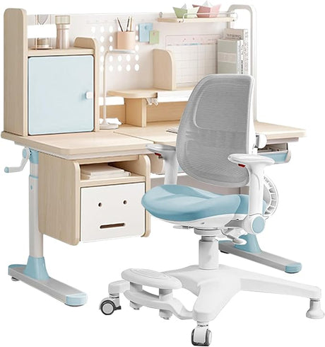 Chair Set, Ergonomic Wood Adjustable Kids Study Desk with Bookshelf, Tiltable Desktop,