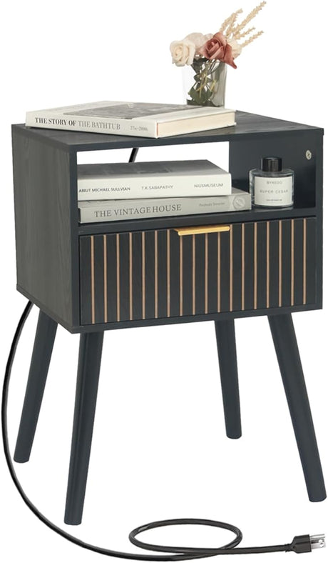 Nightstand with Charging Station, Wood Bedside Table with Drawer, Modern End Table for