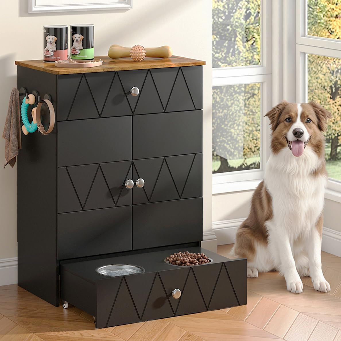 Raised Dog Feeding Station with Storage Cabinet