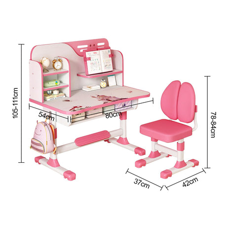 Study Desk Chair Set,Height Adjustable Children's Desk and Chair School Study Table Chair with Astronaut Pattern,Ergonomic Desk Chair with Writing Board, Bookshelf and Drawer Pink