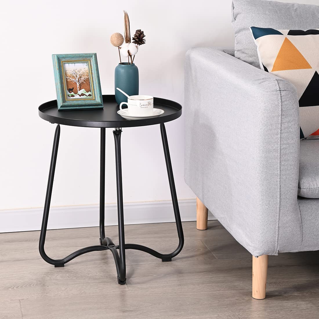 Round Metal Patio Side Table Black Outdoor End Table, Tray Top End Table