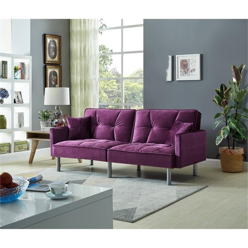 75.6" Convertible Modern Wood & Velvet Fabric Sofa Bed in Purple