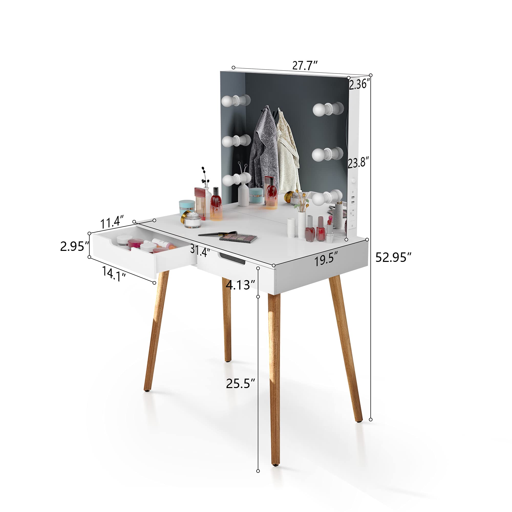 with Mirror, Wooden Vanity Table Makeup Dressing Desk with LED Light, Dressing Table