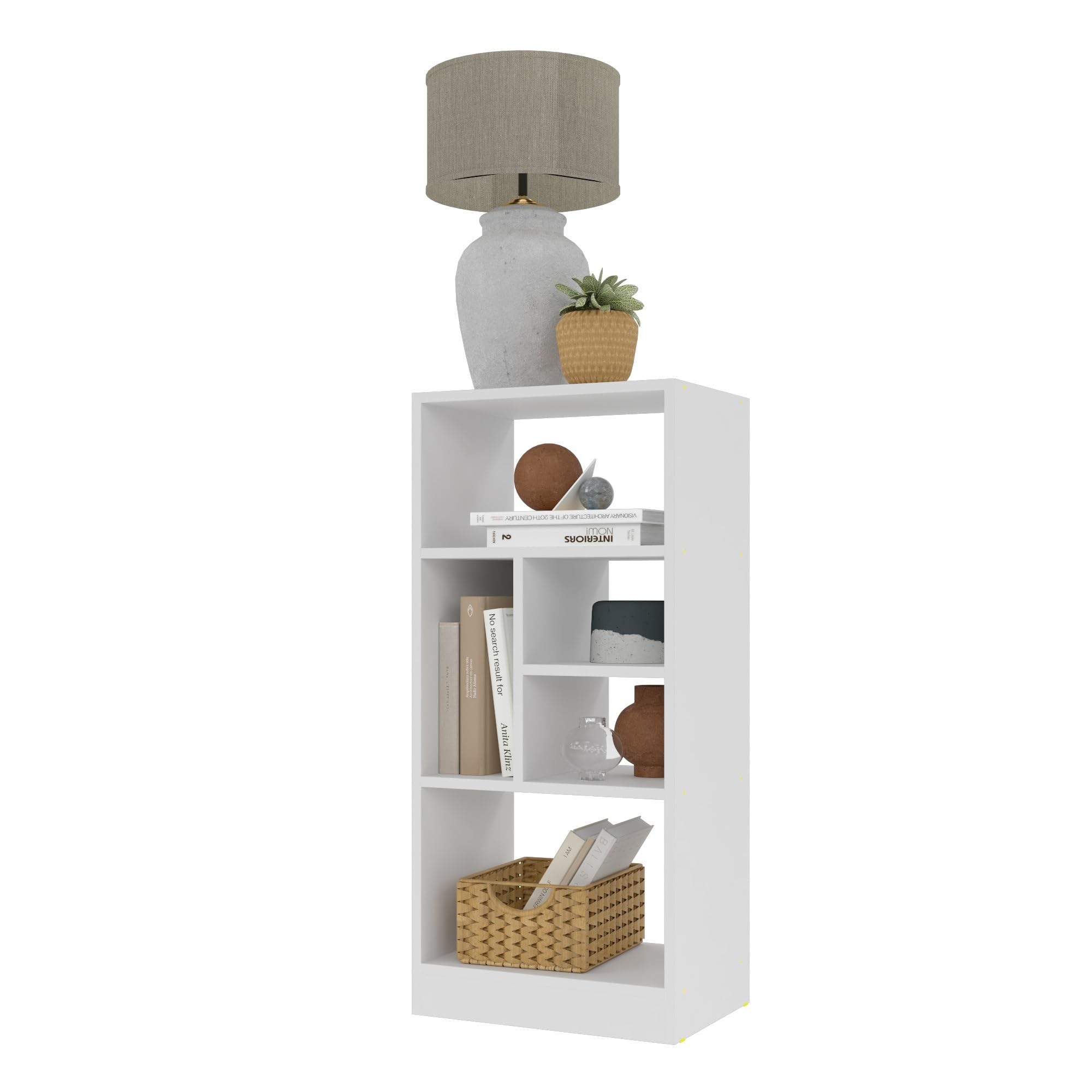 Comfort Valenca 2.0 Bookcase with 5 Unique Shelves, 35-Inch Tall, Space-Saving Mid Century Modern Bookshelf with Open Design, Free Standing Storage Display, Easy Assembly, White