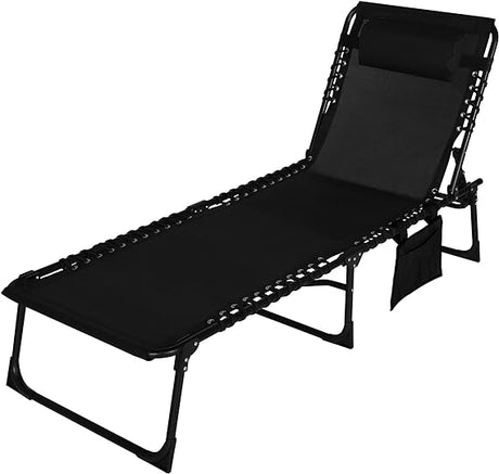 Outdoor Foldable Chaise Lounge Chair with Detachable Pillow & Pocket