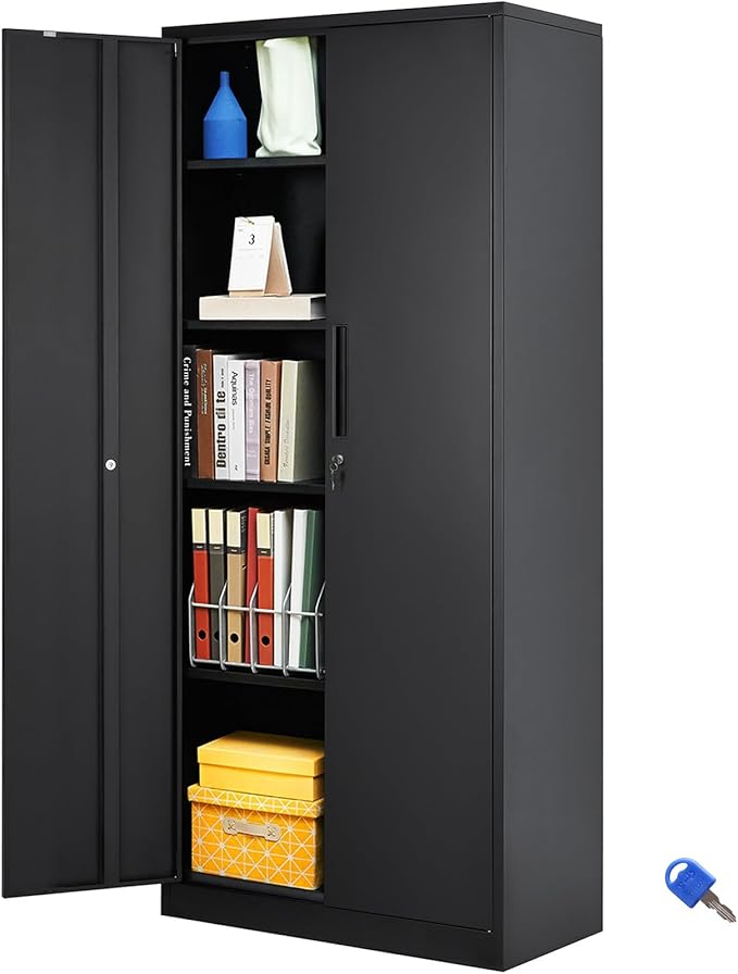 Metal Storage Cabinet, Steel Locking Storage Cabinet with 2 Magnetic Doors and 4