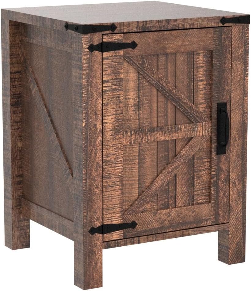 Nightstand w/Charging Station, 18 Inch Farmhouse End Table w/Barn Door and Adjustable
