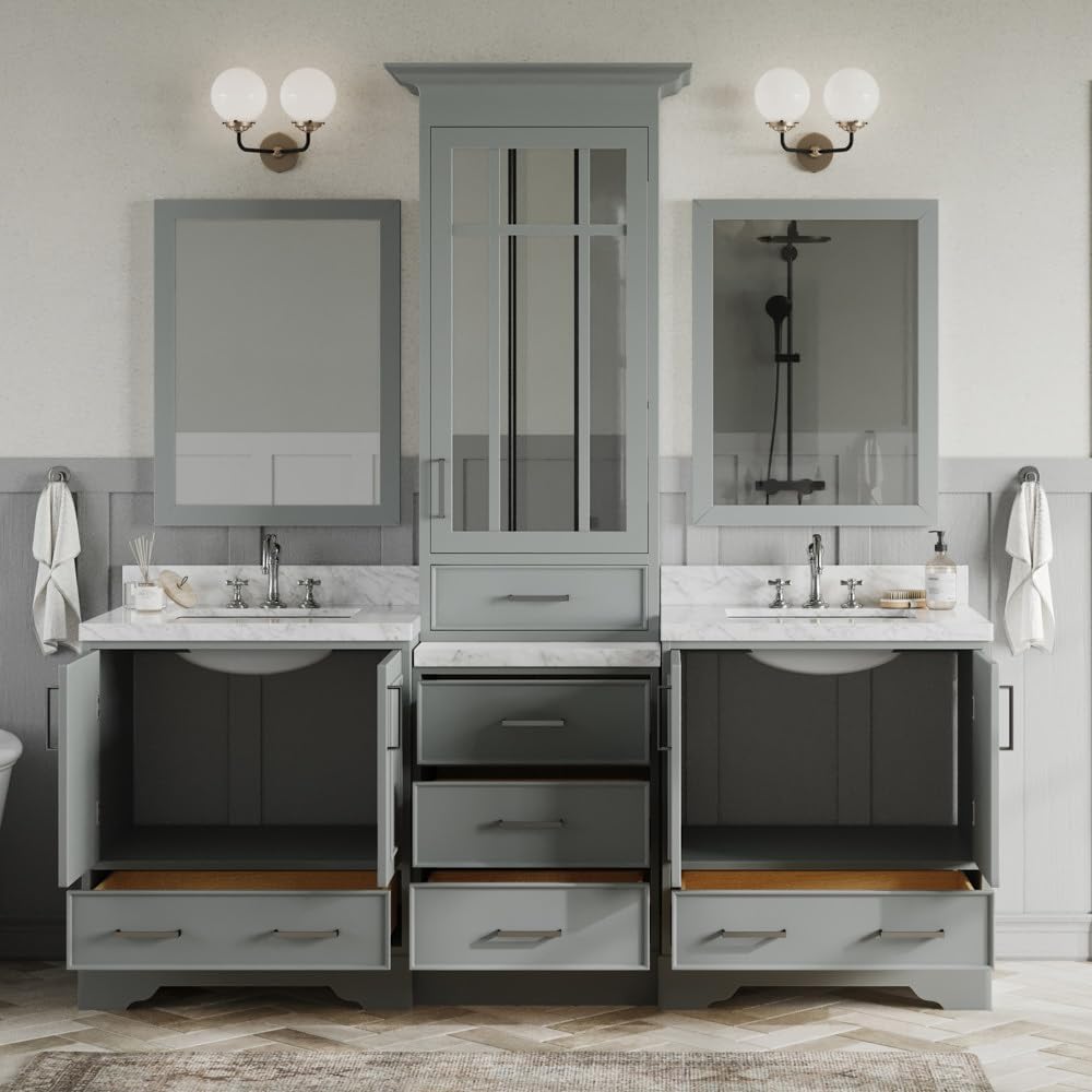85" Grey Double Vanity with 1.5" Edge Italian Carrara Marble Countertop & Backsplash