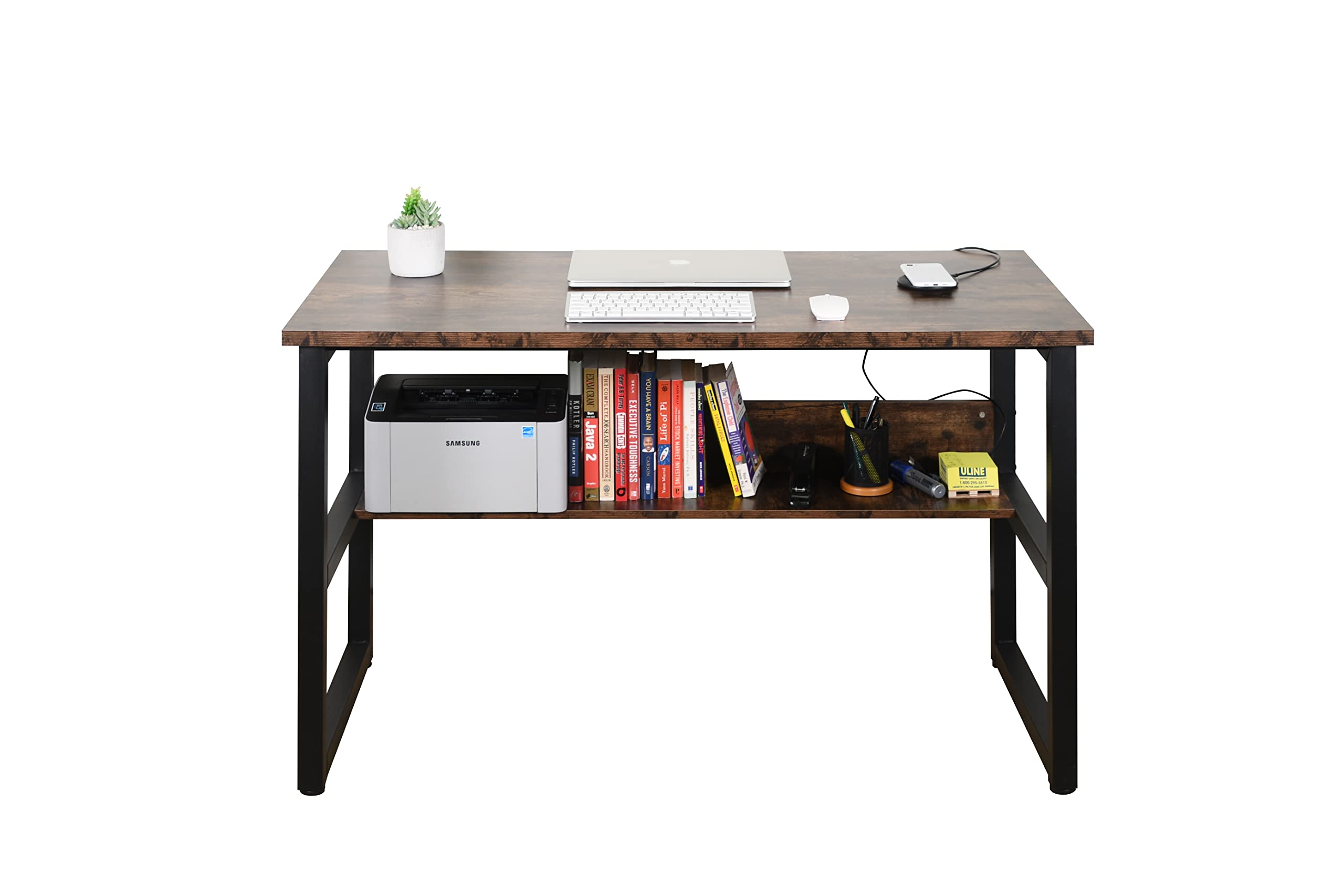 Computer Study Desk with Bookshelf, Large Home Office Desk with Storage and Shelf Industrial Study