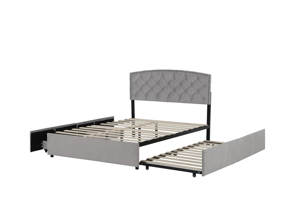 Plush Velvet Upholstered Platform Bed Frame with 2 Big Drawers Trundle for Kids Teens