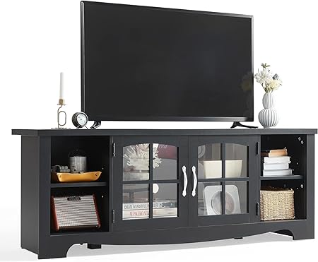 Farmhouse TV Stand for 65 Inch TV, Wood Entertainment Center with Glass Door Storage