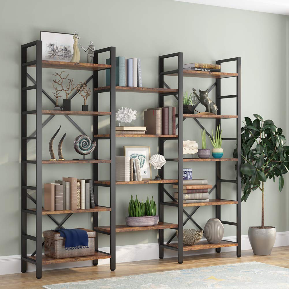 Triple Wide 5-Shelf Bookcase, Etagere Large Open Bookshelf Vintage Industrial Style Shelves Wood and Metal bookcases Furniture for Home & Office, 70 inch