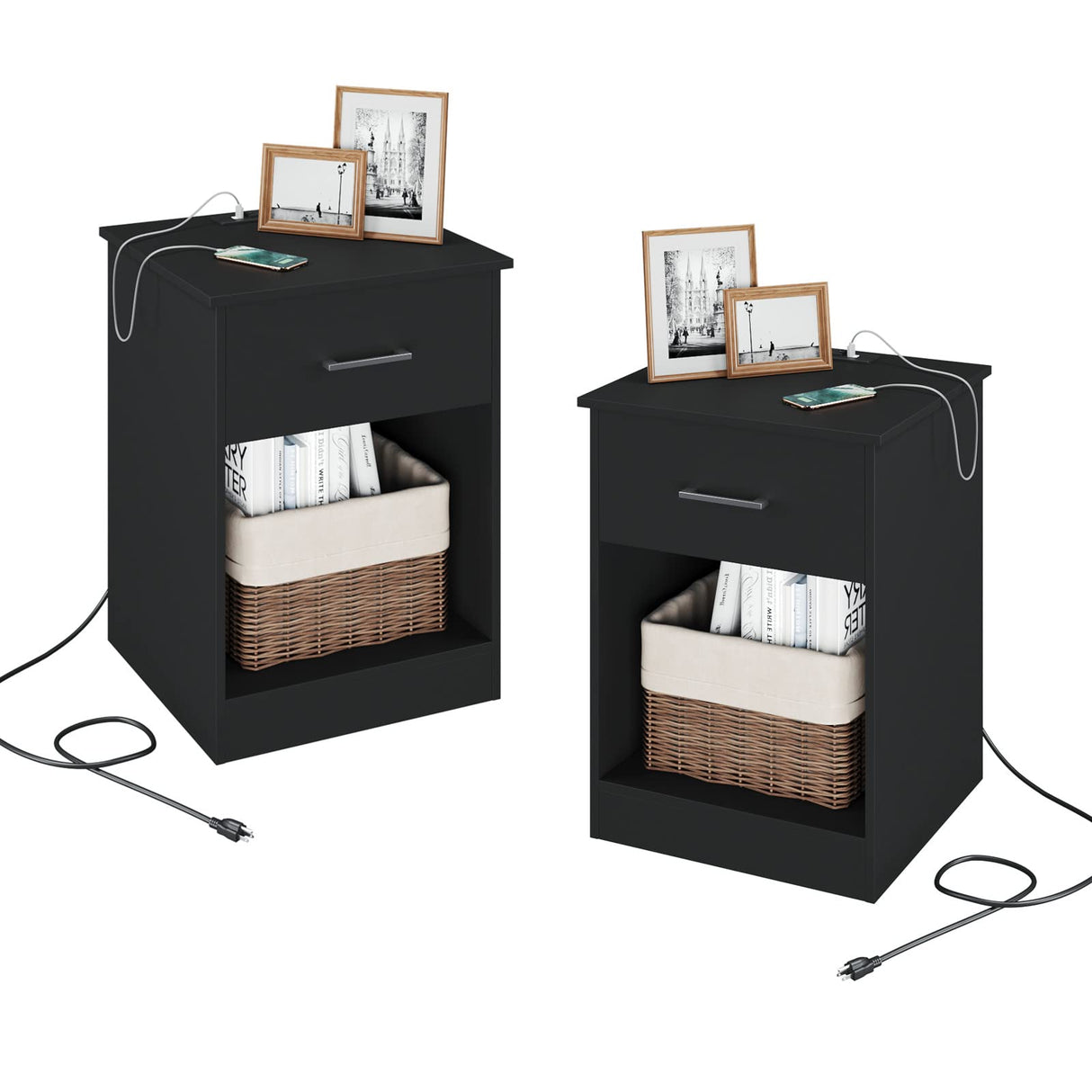 2 Nightstand with Charging Station and USB Ports & Power Outlets, Wooden End Table