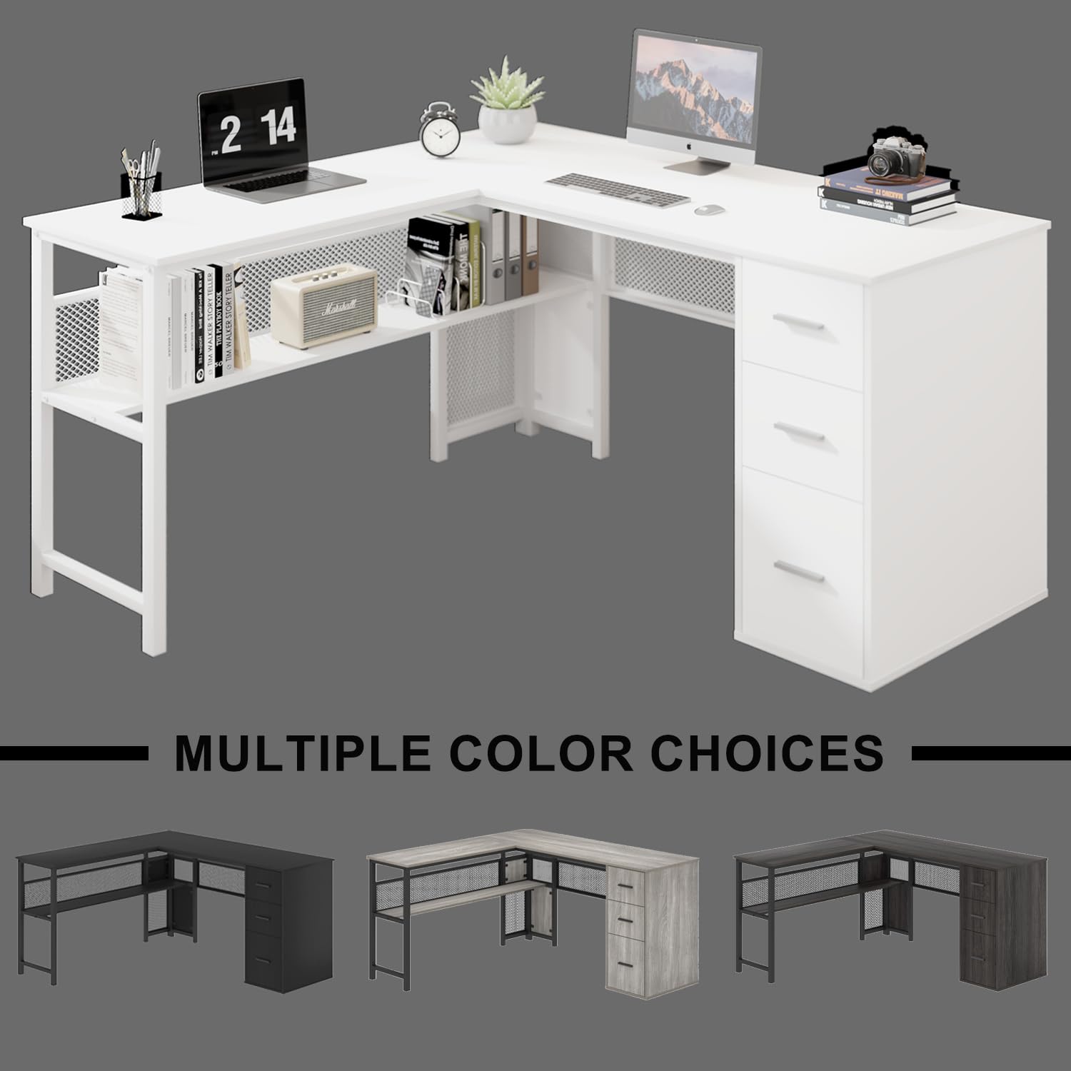 White L shaped Corner Desk with Drawers, Reversible Modern L-Shaped Computer Desk
