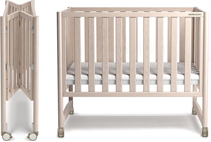 EvoNook 6-in-1 Convertible Mini Crib - Easy Assembly, Portable Folding Baby Mini Crib with Wheels, 100% New Zealand Pinewood, 4 Adjustable Mattress Heights, Washed Nature with Wheels