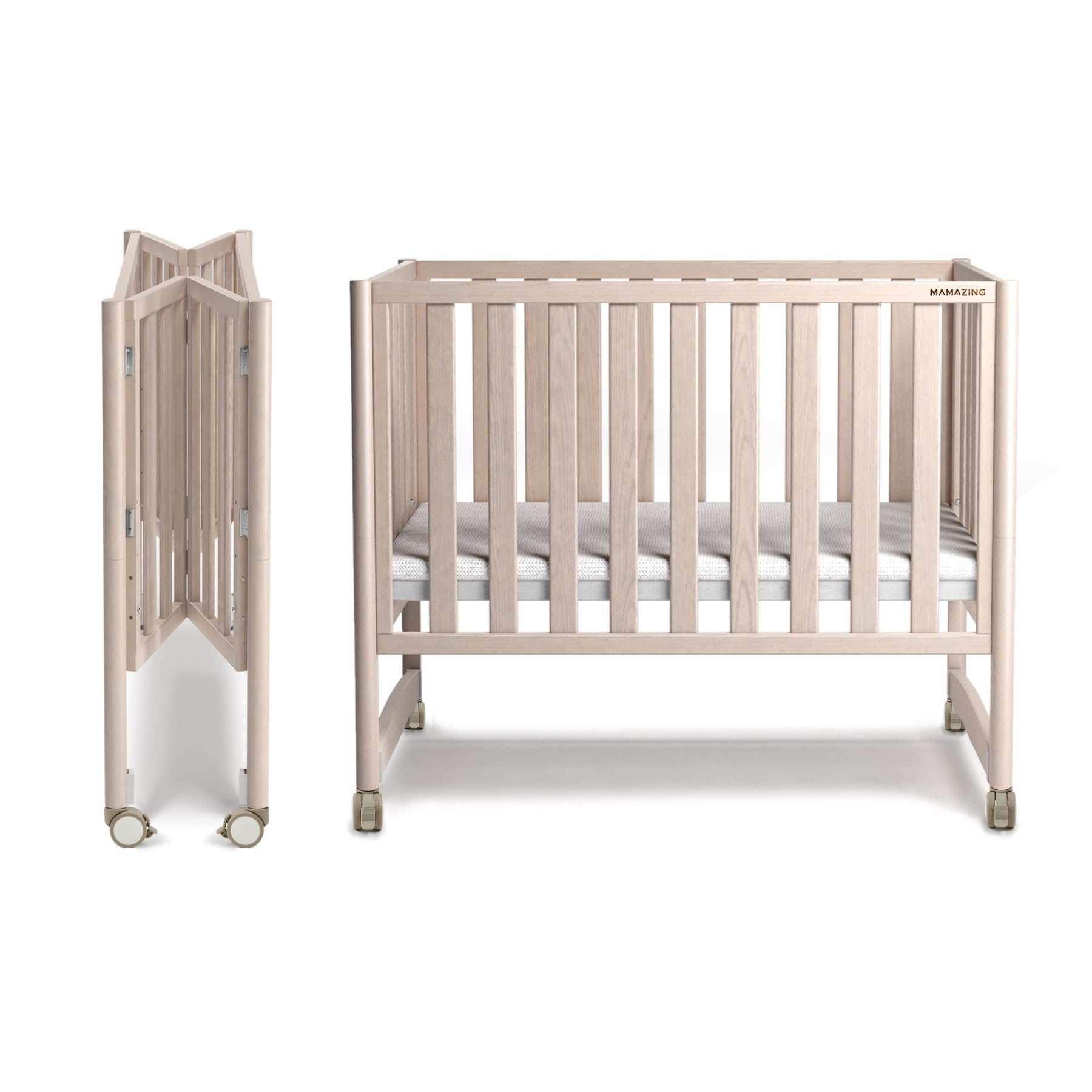 EvoNook 6-in-1 Convertible Mini Crib - Easy Assembly, Portable Folding Baby Mini Crib with Wheels, 100% New Zealand Pinewood, 4 Adjustable Mattress Heights, Washed Nature with Wheels